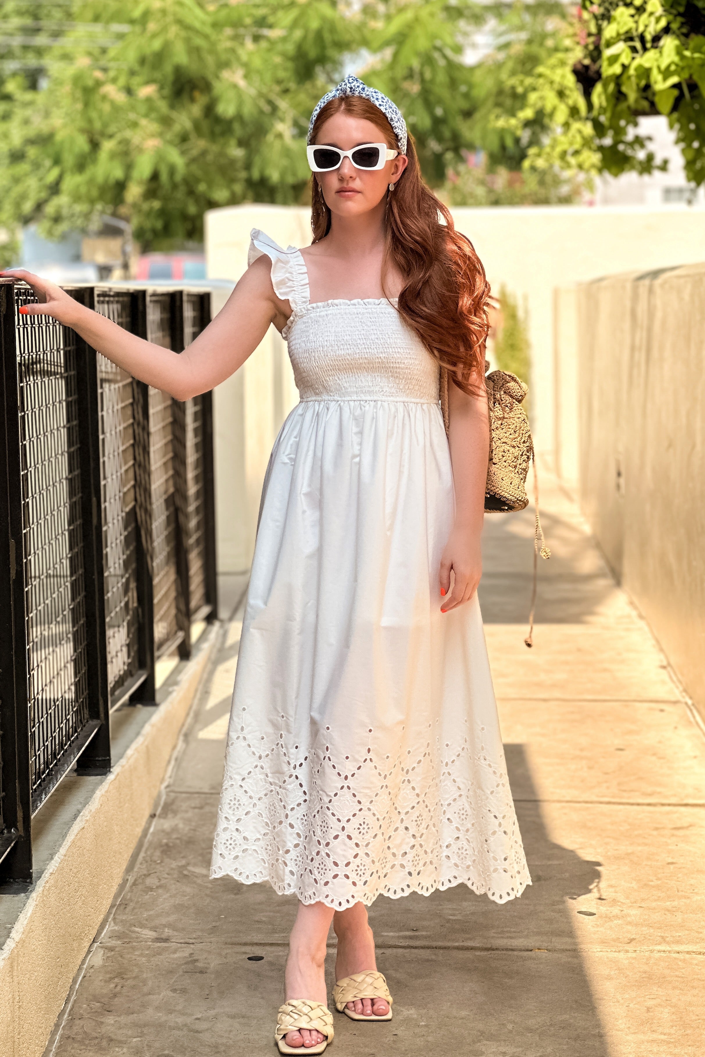 White Smocked Eyelet Midi Dress