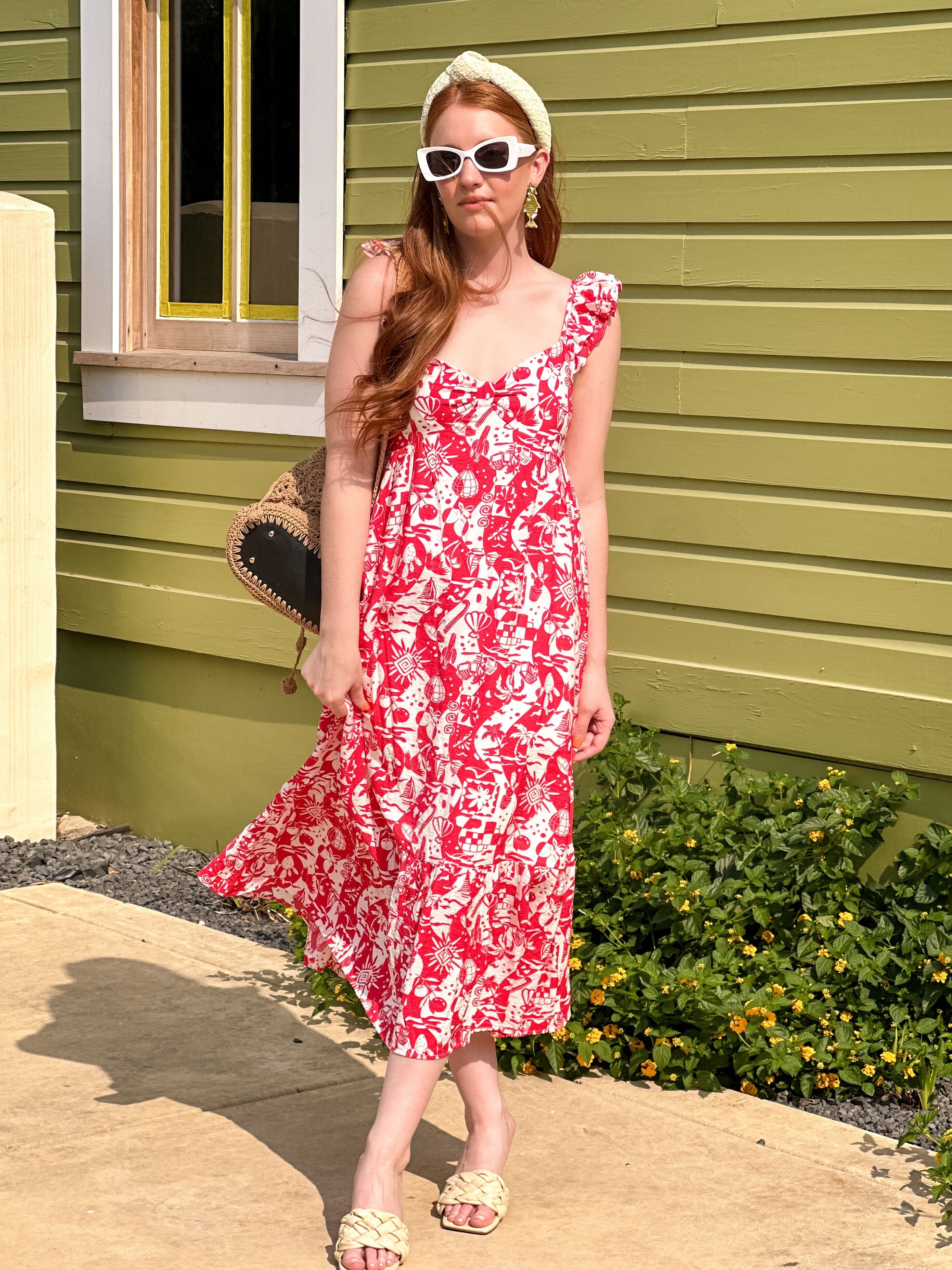Isla Red & White Ruffle Strap Midi Dress