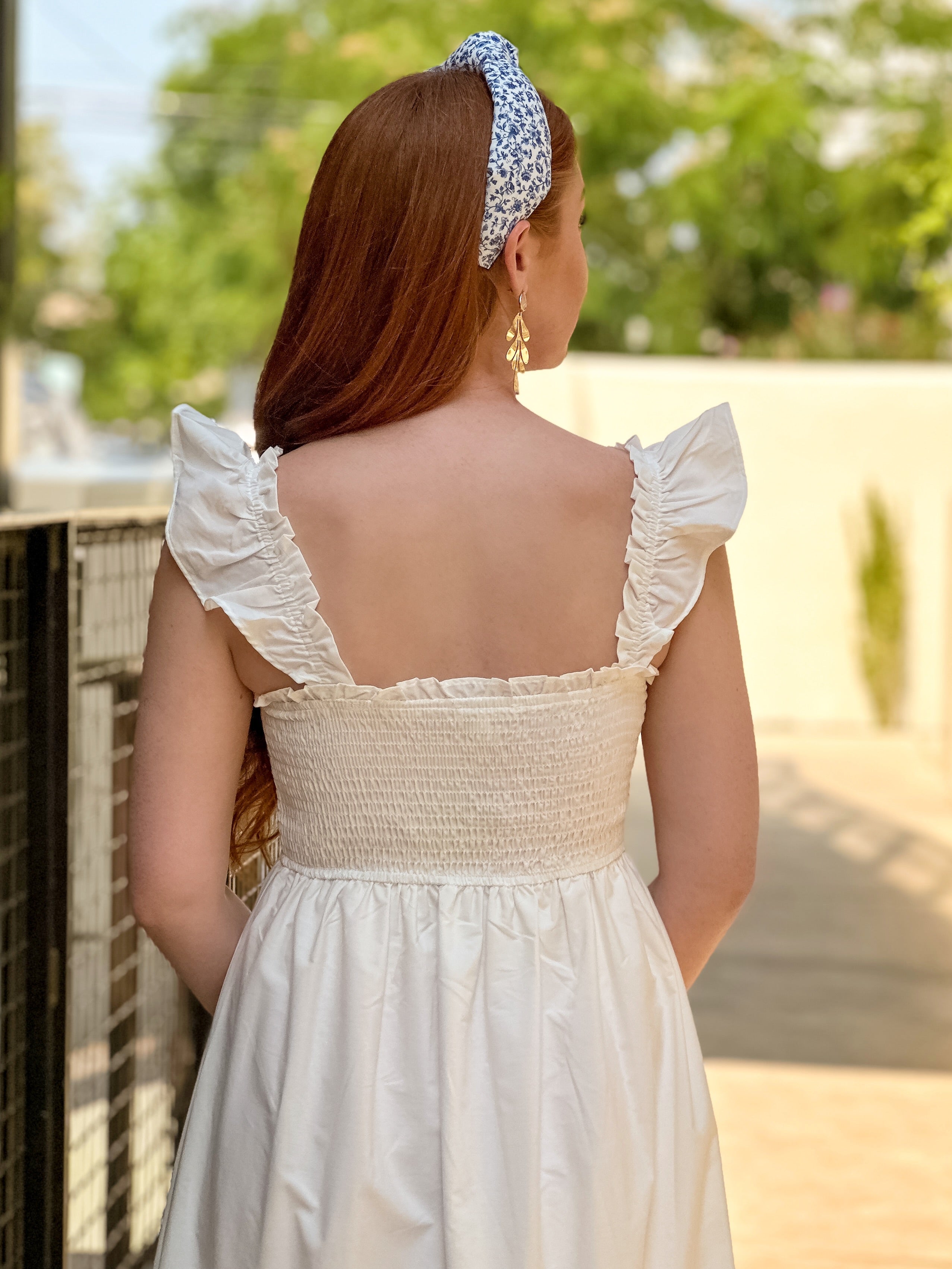 White Smocked Eyelet Midi Dress