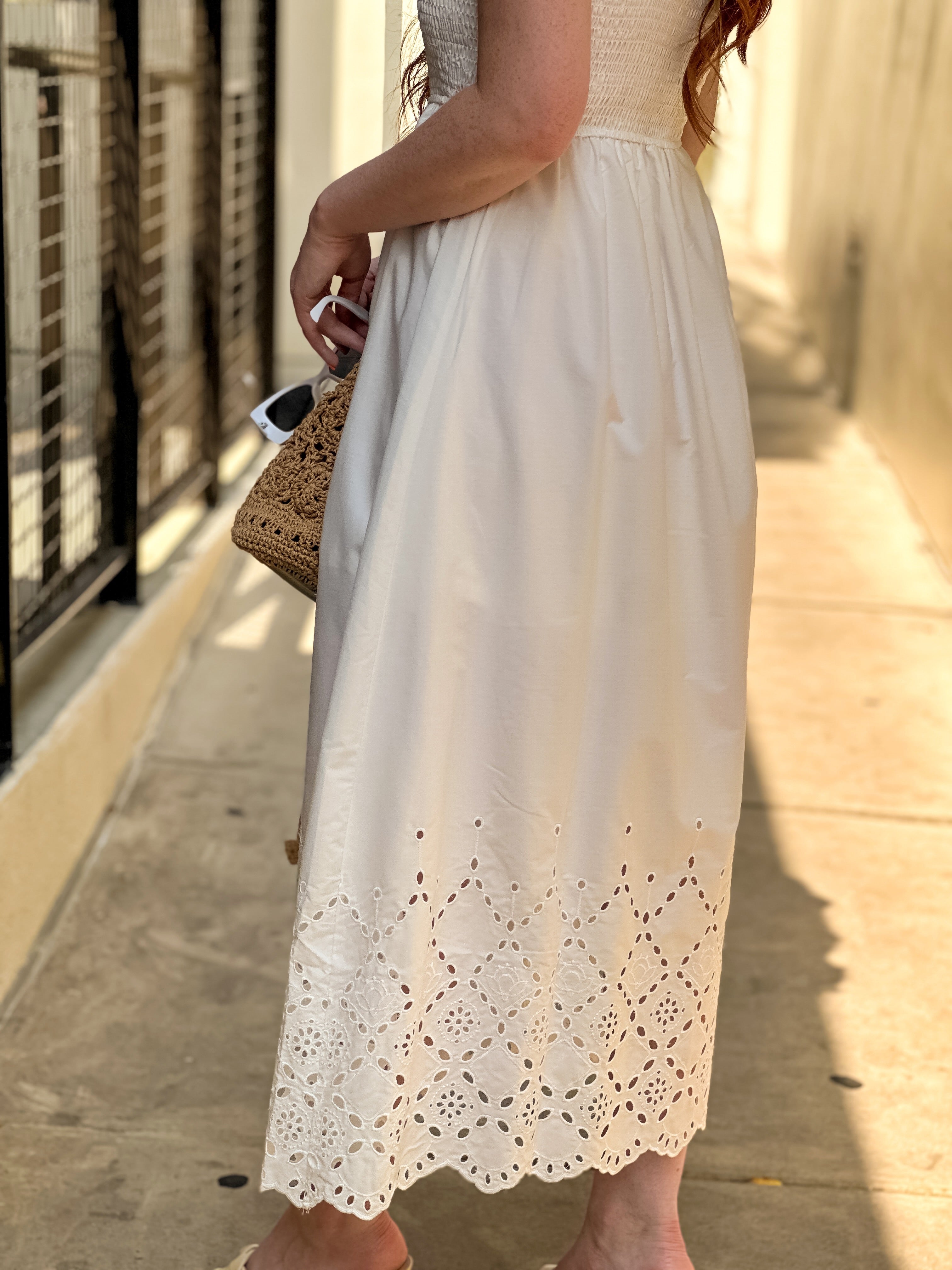 White Smocked Eyelet Midi Dress