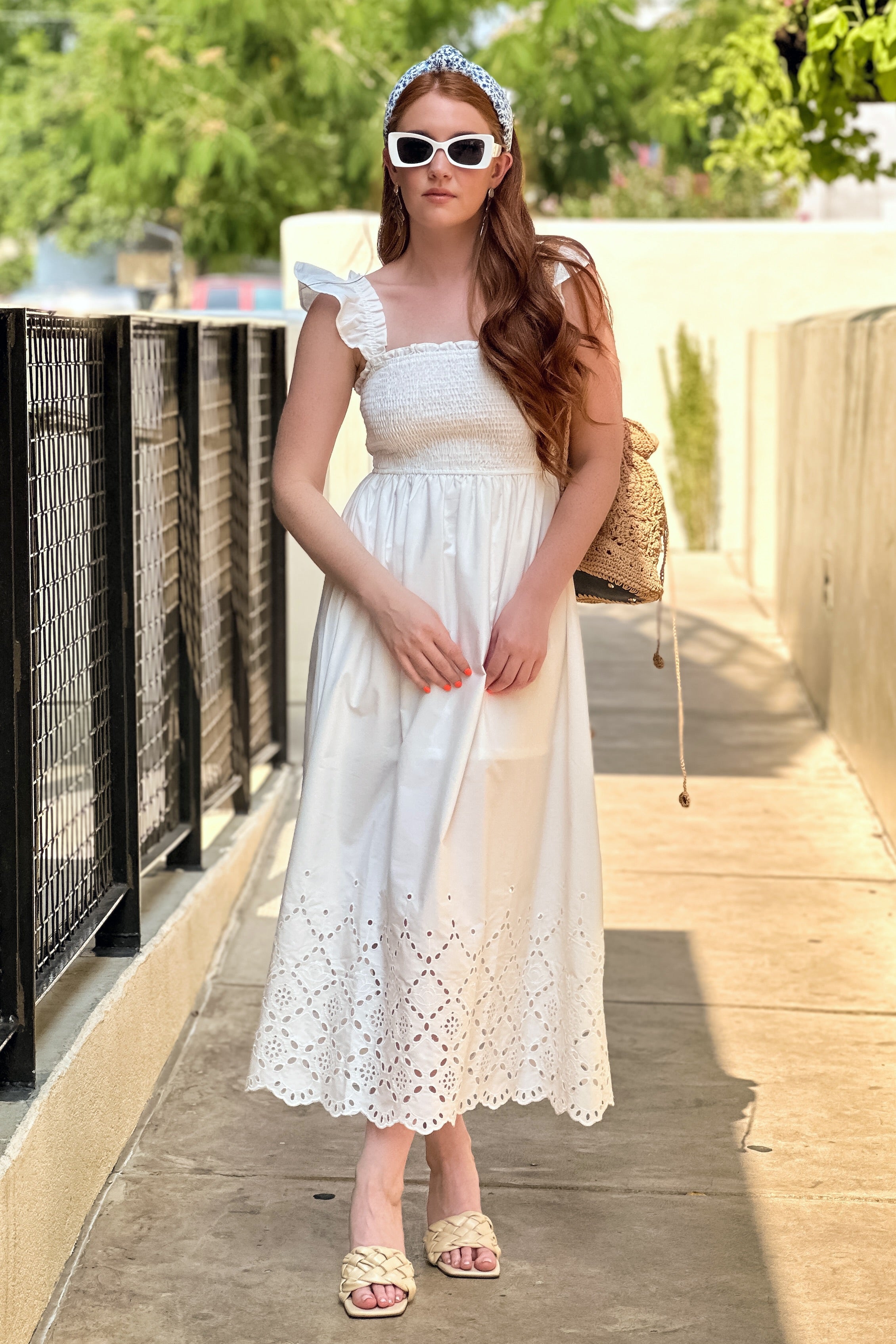 White Smocked Eyelet Midi Dress