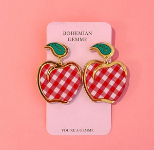 Red Gingham Apple Dangle Earrings