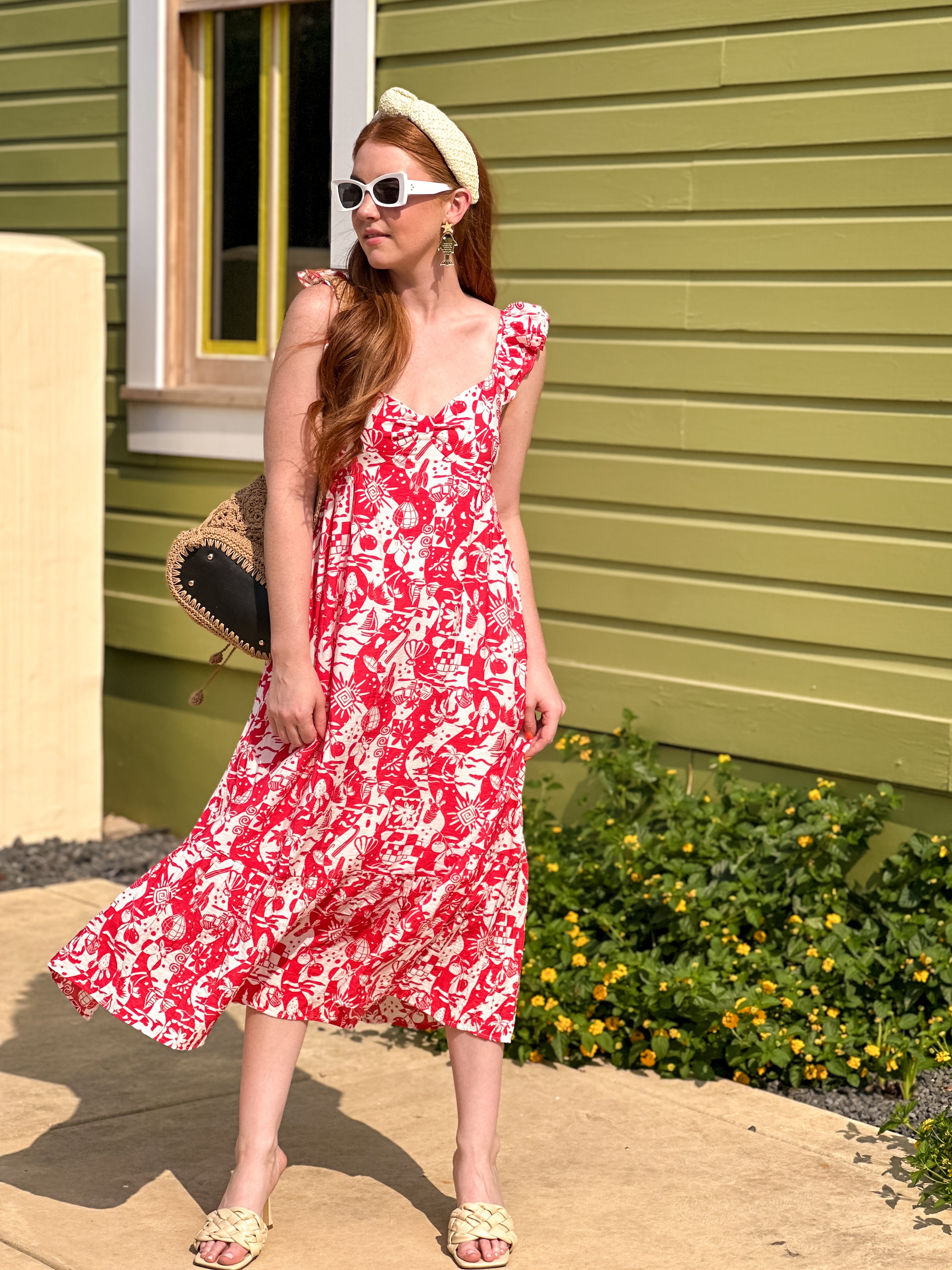 Isla Red & White Ruffle Strap Midi Dress
