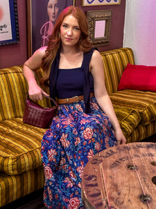 Blue Fall Floral Block-Print Maxi Skirt