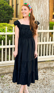 Black Ruffle Strap Midi Dress