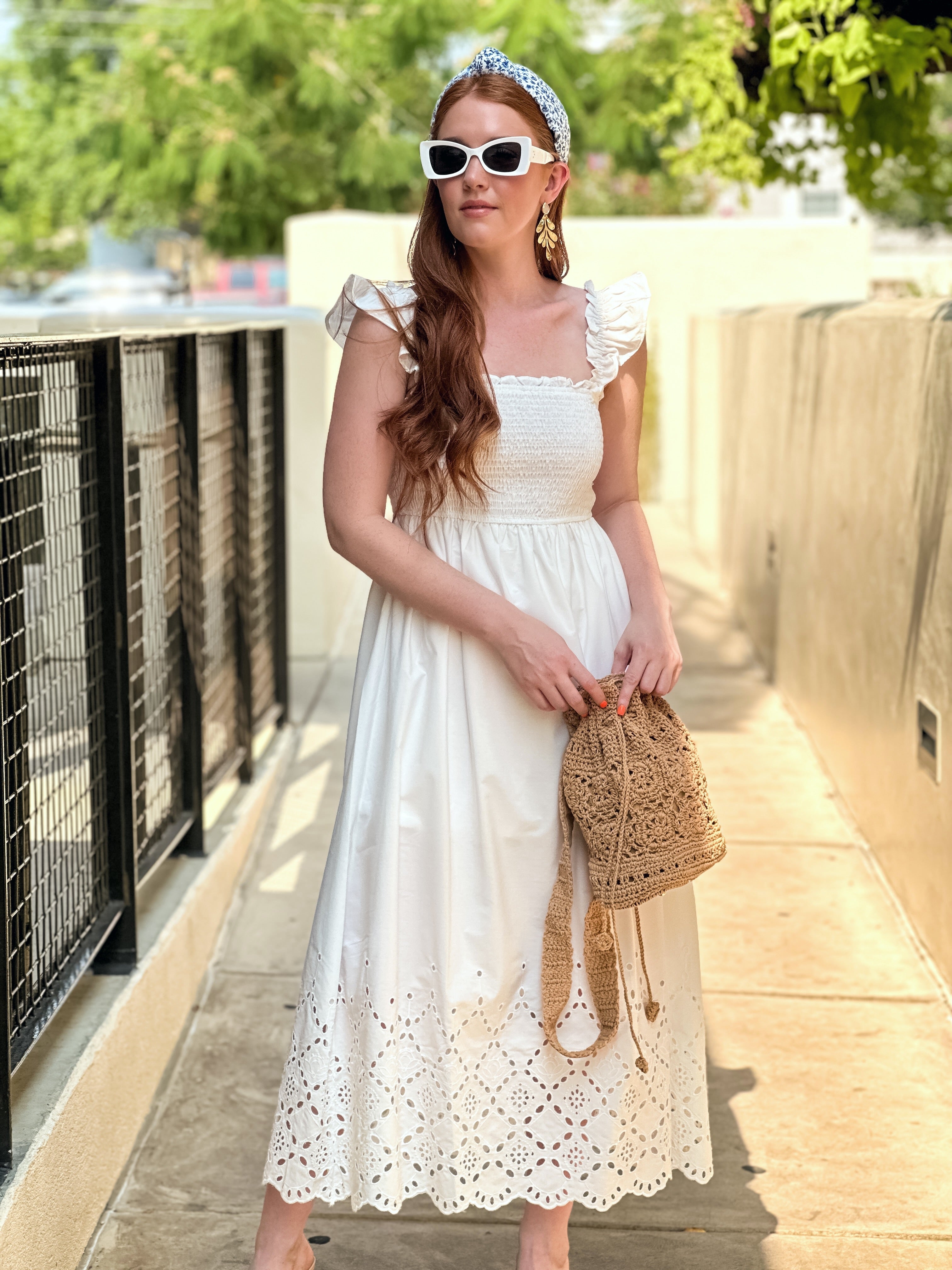 White Smocked Eyelet Midi Dress