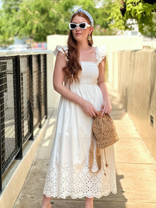 White Smocked Eyelet Midi Dress