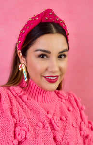 Pink Velvet Embellished Knotted Headband