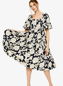 Black & Cream Floral Midi Dress