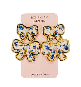 Sample Sale Blue & White Floral Bow Earrings