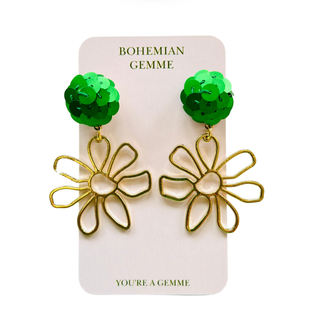 Sample Sale Sequins Flower Earrings-Green