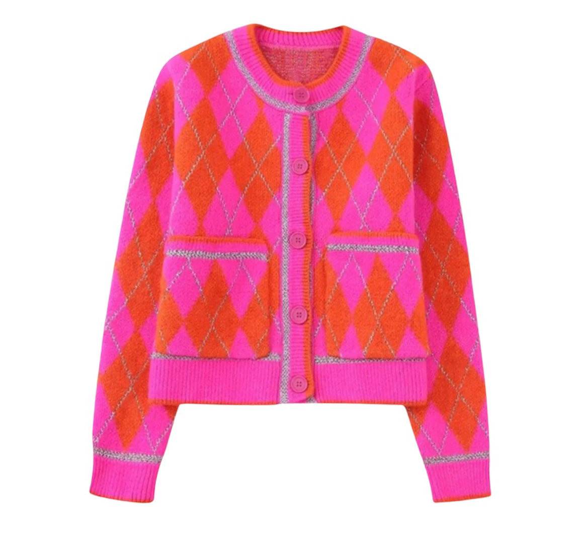 Pink and Orange Argyle Cardigan