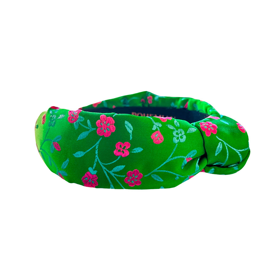 Kelly Green Brocade Floral Knotted Headband
