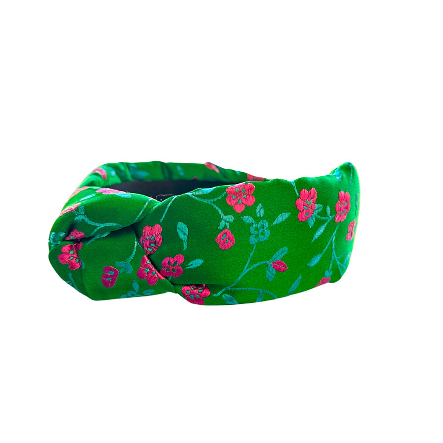 Kelly Green Brocade Floral Knotted Headband