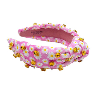 Pink Daisy Print Knotted Embellished Headband