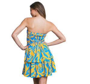 Blue & Yellow Tube Midi Dress