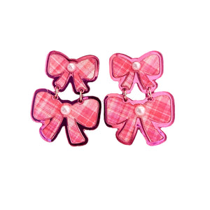 Pink Plaid Double Bow Earrings