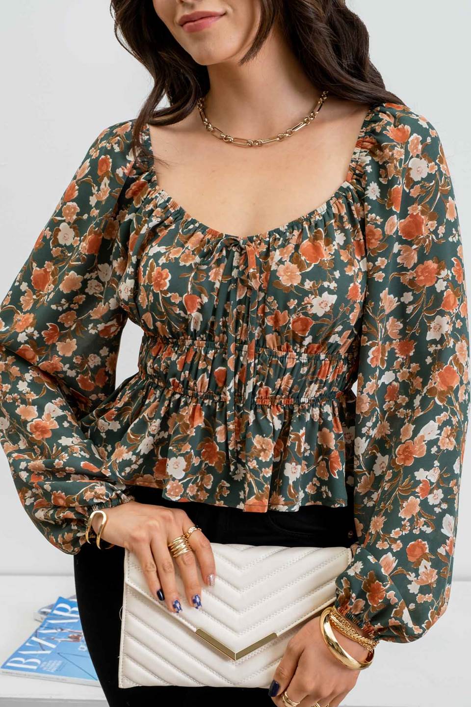 Green Floral Smocked Waist Top