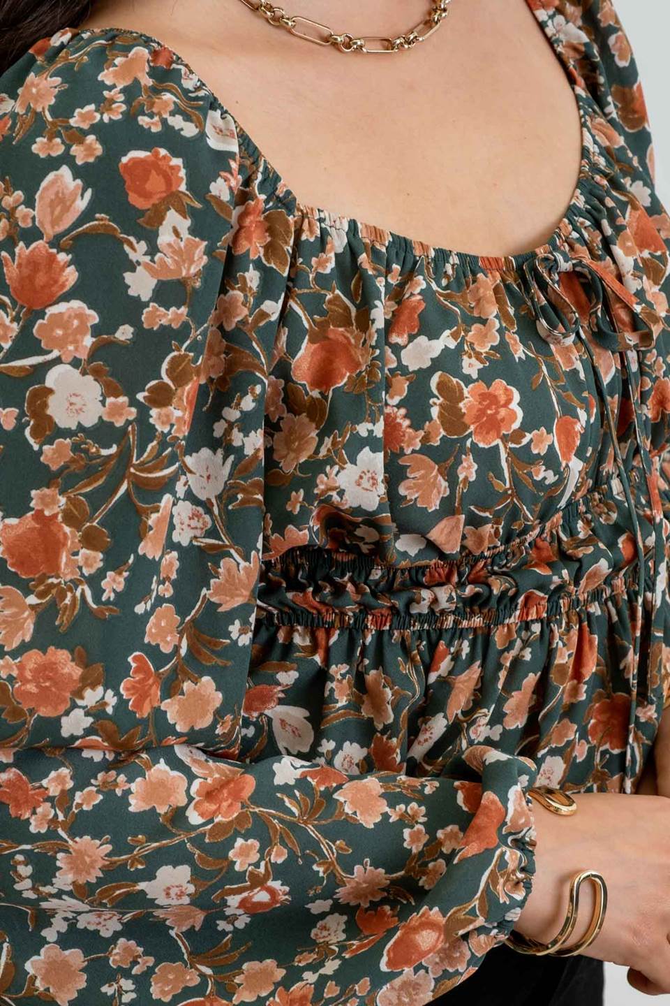 Green Floral Smocked Waist Top