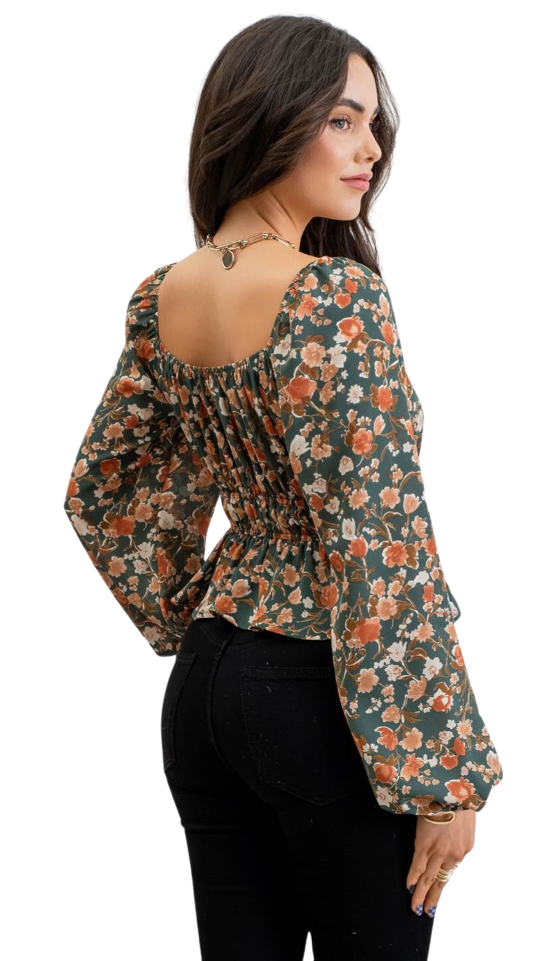 Green Floral Smocked Waist Top