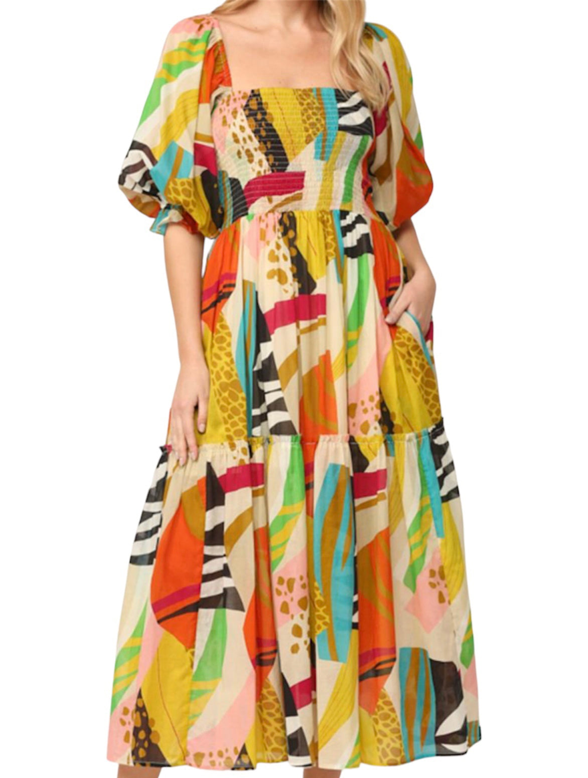 Bold Print Smocked Maxi Dress