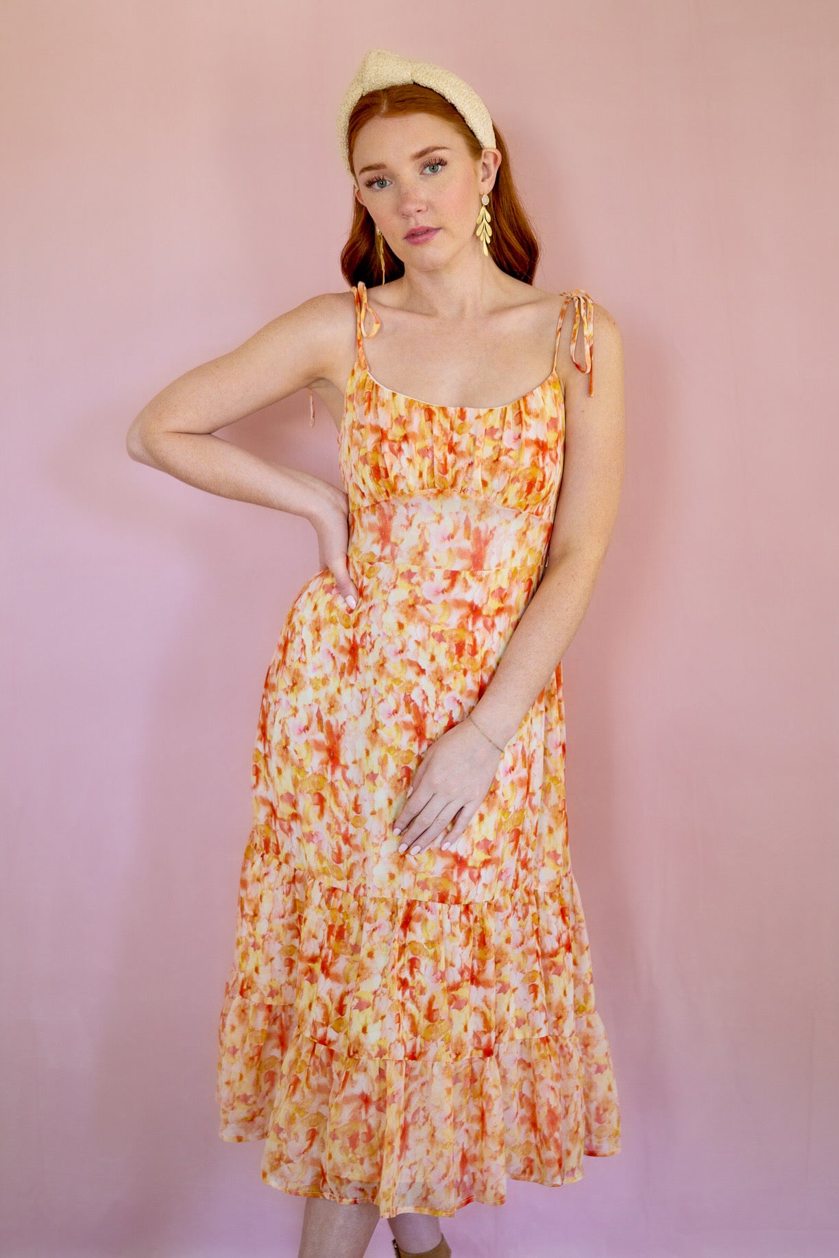 Coral Midi Dress W/ Tie Straps