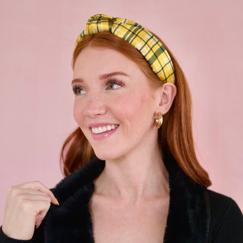 Yellow Plaid Satin Knotted Headband