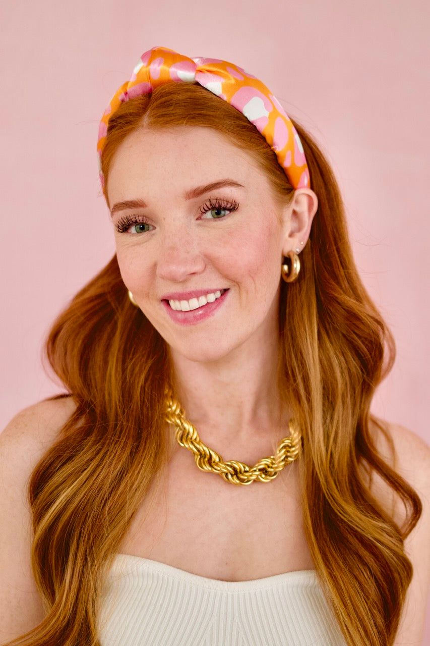 Pink & Orange Leopard Print Satin Knotted Headband