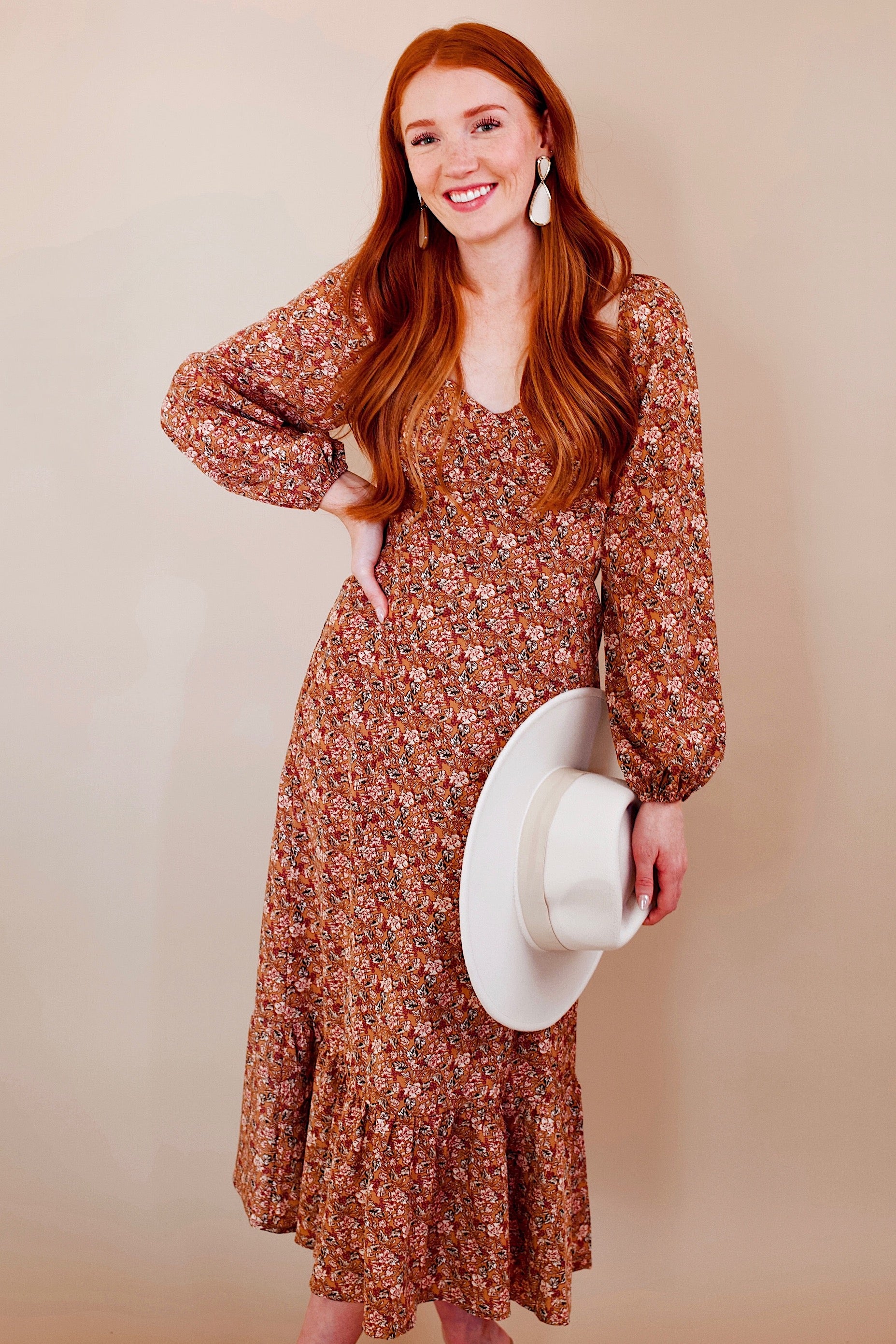 Maddie Brown Floral Midi Dress