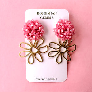 Pink Beaded Cluster Flower Earrings