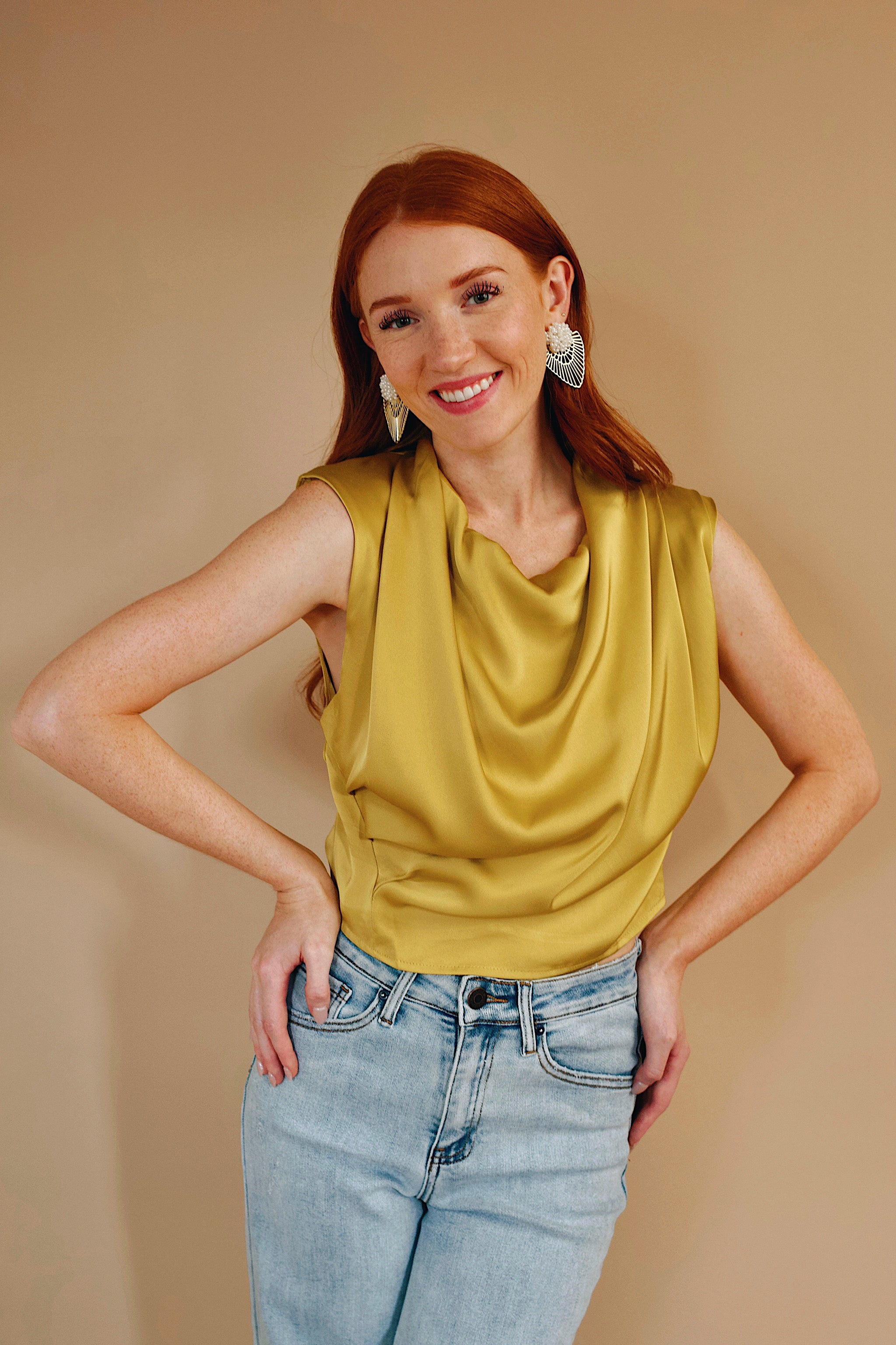 Carrie Chartreuse High Cowl Neck Top