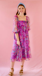Purple Floral Organza Midi Dress