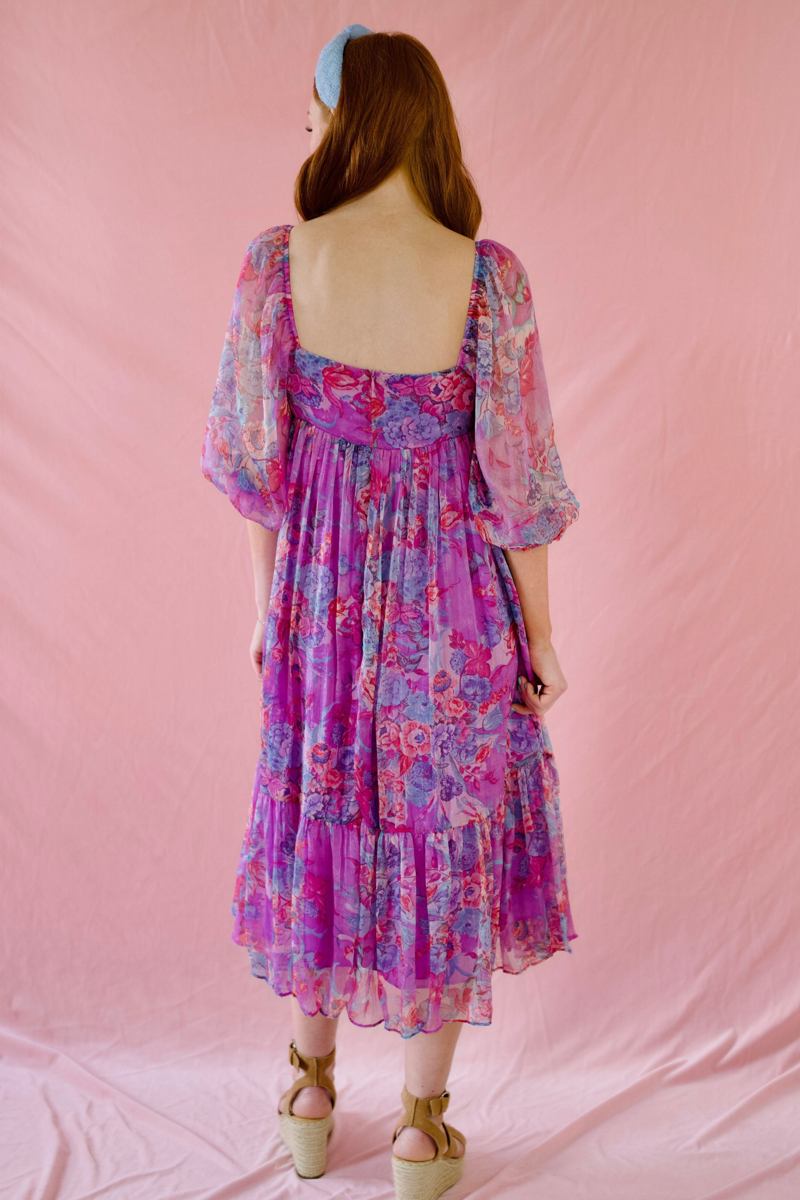 Purple Floral Organza Midi Dress